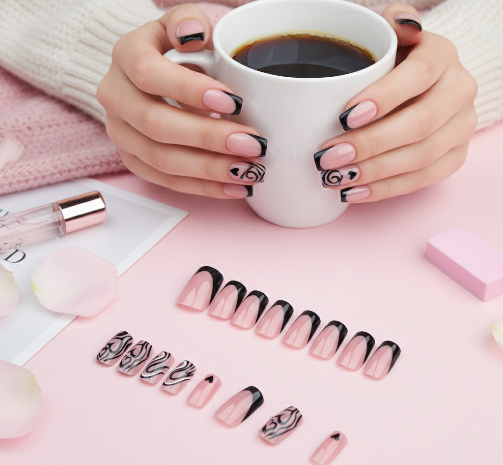 Black Heart Graphic French Tip Press-On Nails