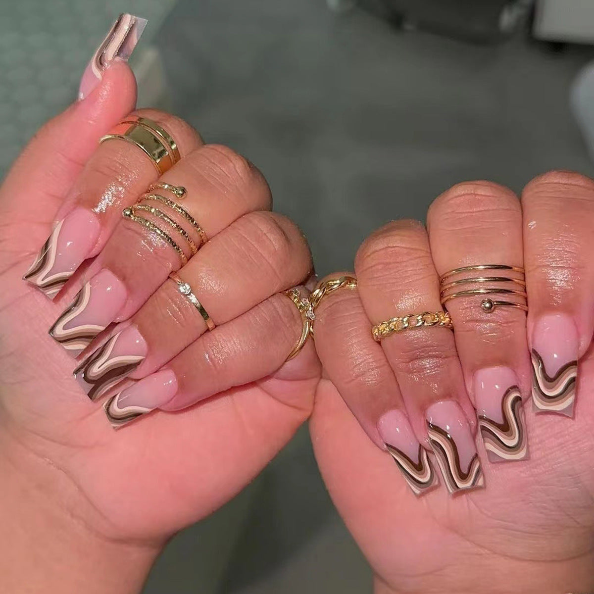 Chocolate Brown Wavy French Tip Press On Nails
