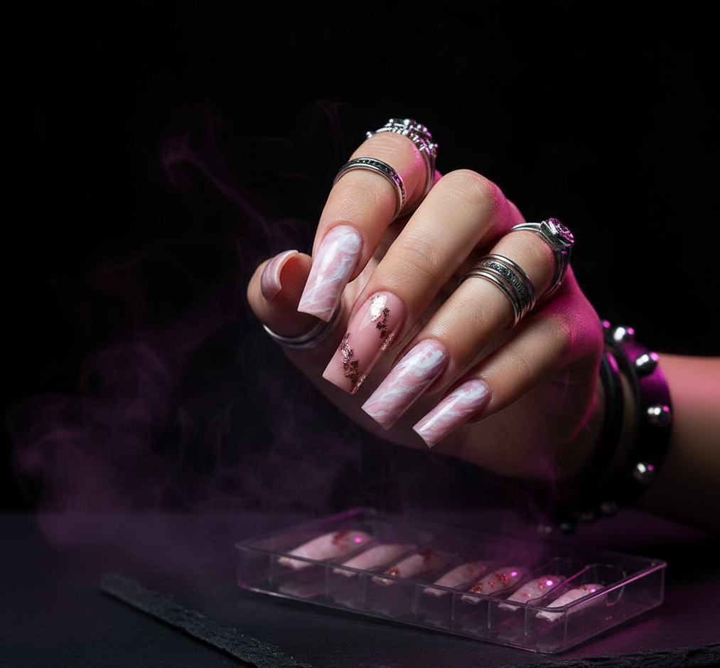 Luxury Pink Marble & Rose Gold Foil Press-On Nails