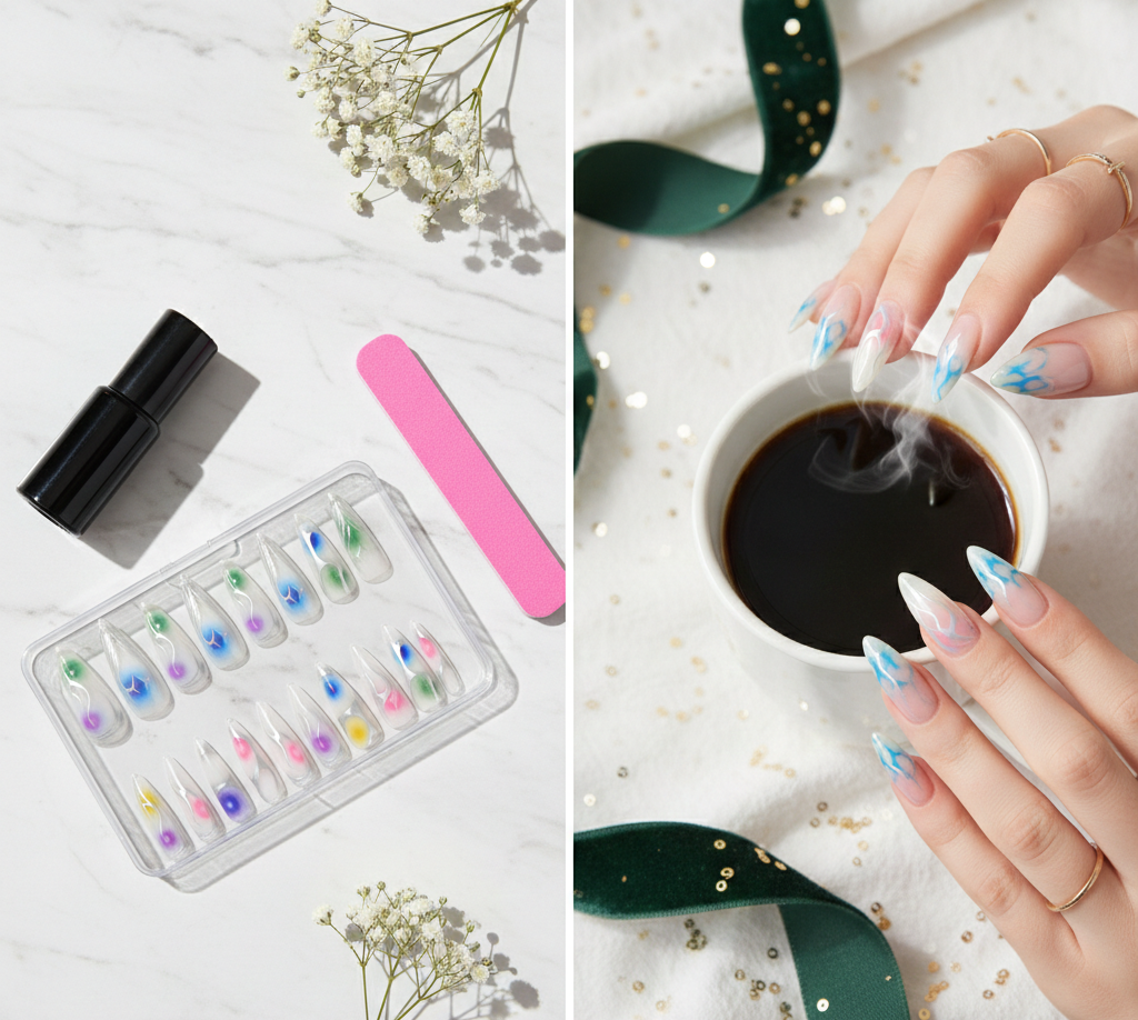 Midnight Marble & Silver Flake Press-On Nails