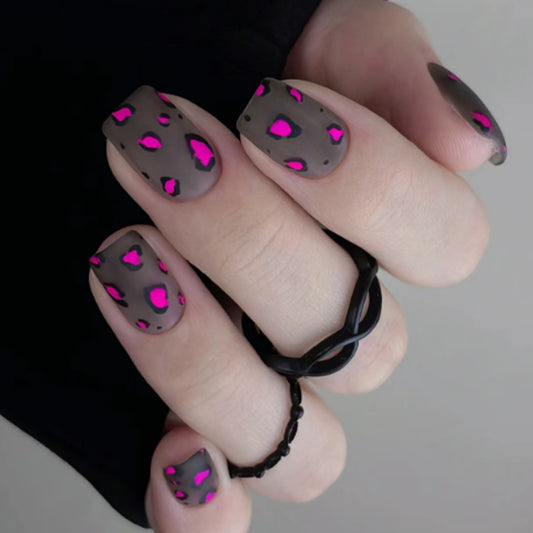 Neon Pink & Charcoal Leopard Matte Press-On Nails