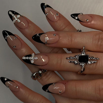 Crystal Cross Black French Tip Press-On Nails