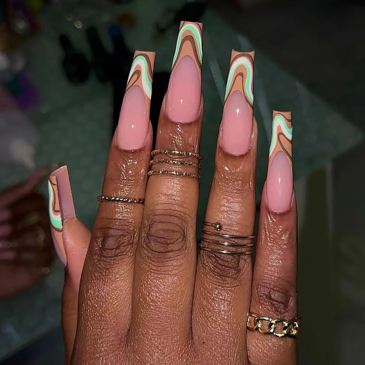 Earth Tone Wavy French Tip Press On Nails