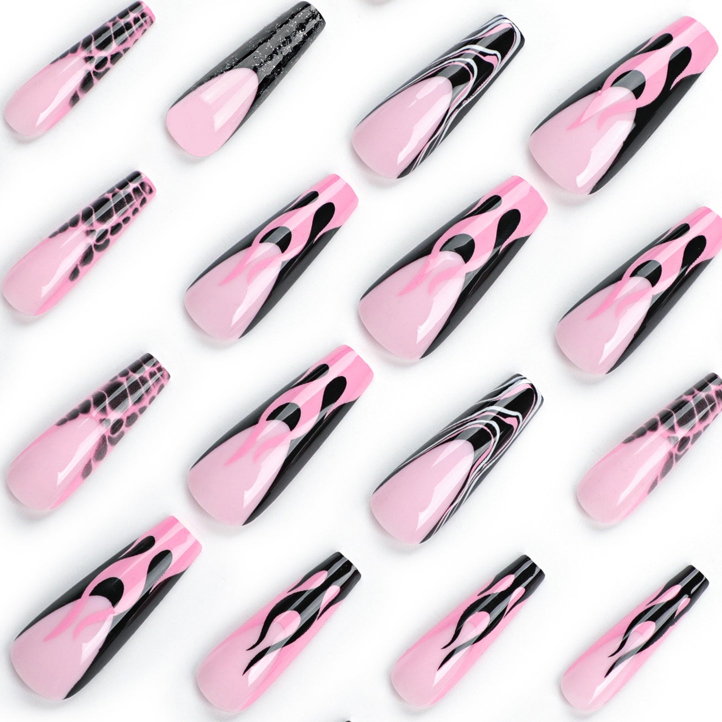 Pink and Black Flame Press On Nails
