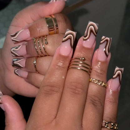 Chocolate Brown Wavy French Tip Press On Nails
