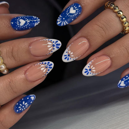 Mediterranean Blue & Porcelain Lace Press-On Nails
