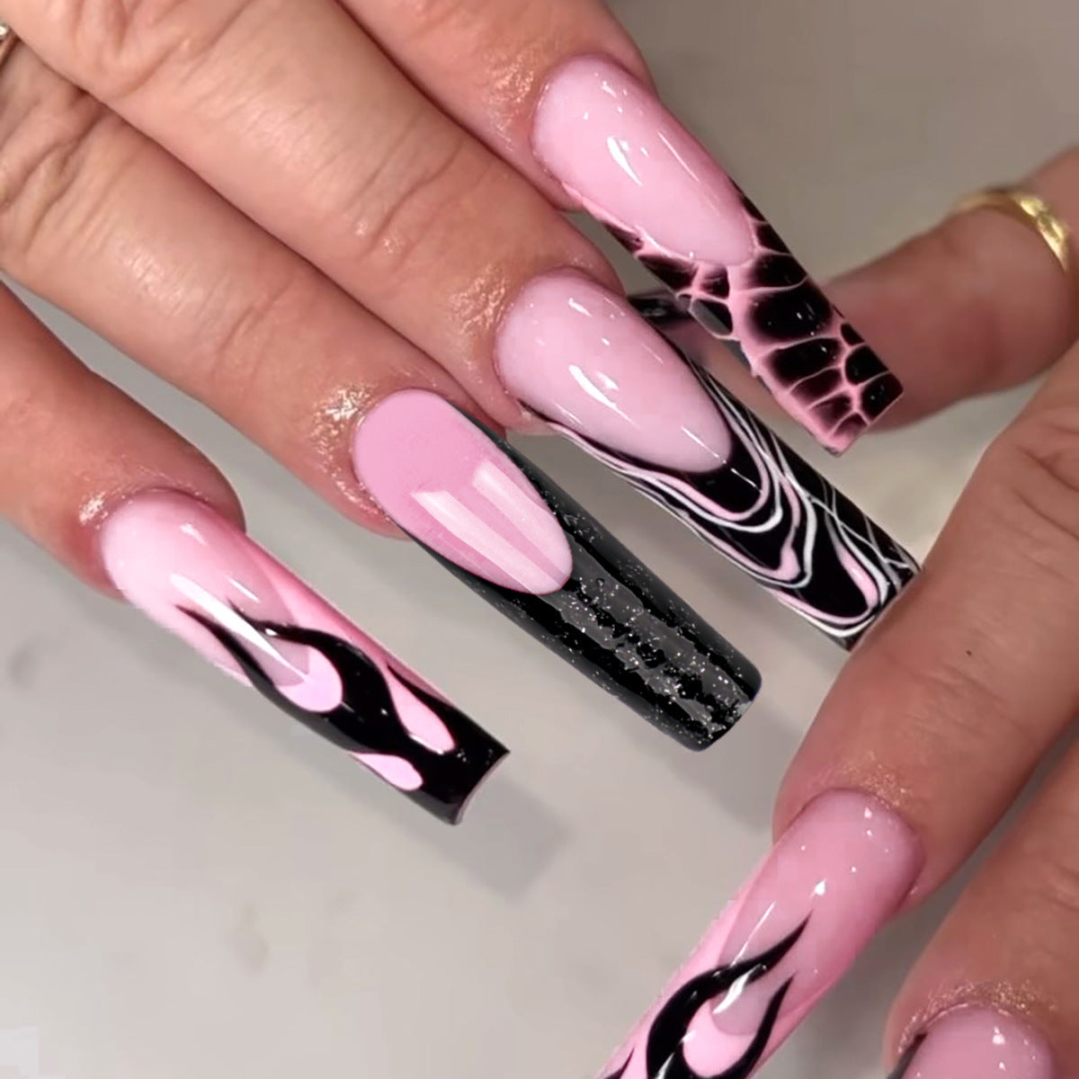 Pink and Black Flame Press On Nails